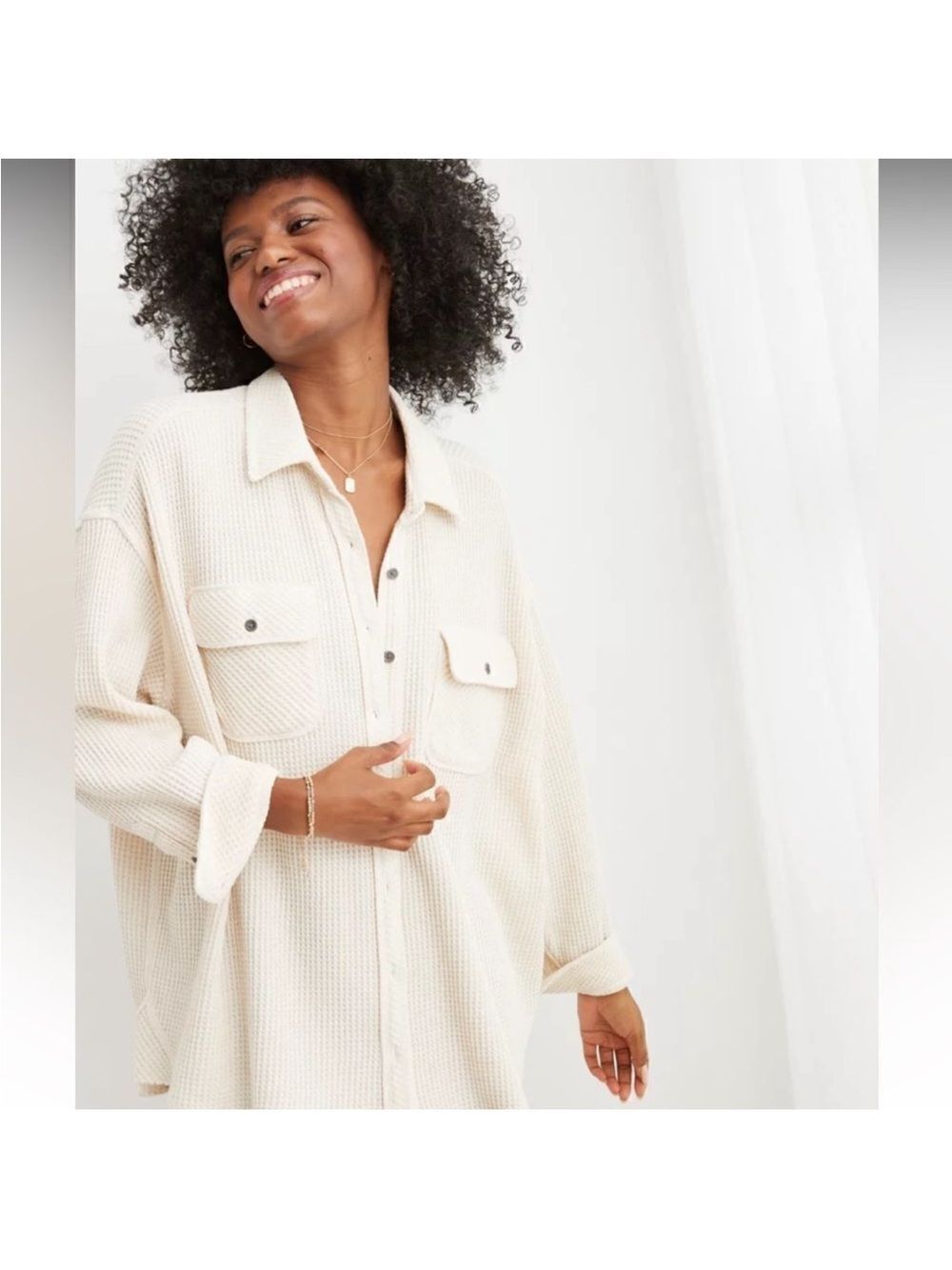 aerie XXL Lumber Jane Cream Heather Frost Waffle Knit Shirt